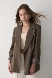 JASTE Women's Brown Striped Lined Blazer Jacket with Sleeve Detail - Image 3