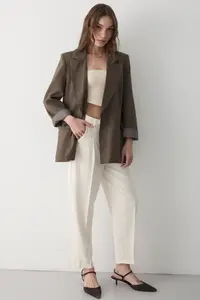 JASTE Women's Brown Striped Lined Blazer Jacket with Sleeve Detail - Image 4