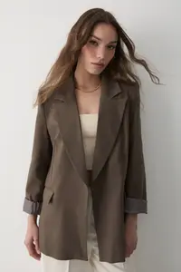JASTE Women's Brown Striped Lined Blazer Jacket with Sleeve Detail - Image 5