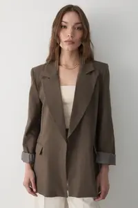 JASTE Women's Brown Striped Lined Blazer Jacket with Sleeve Detail - Image 6