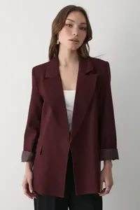 JASTE Women's Burgundy Striped Lined Blazer Jacket with Sleeve Detail