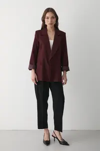 JASTE Women's Burgundy Striped Lined Blazer Jacket with Sleeve Detail - Image 2