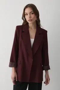 JASTE Women's Burgundy Striped Lined Blazer Jacket with Sleeve Detail - Image 3
