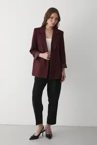JASTE Women's Burgundy Striped Lined Blazer Jacket with Sleeve Detail - Image 4