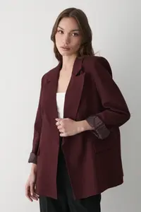 JASTE Women's Burgundy Striped Lined Blazer Jacket with Sleeve Detail - Image 5