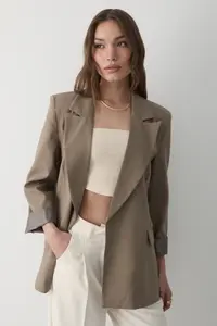 JASTE Women's Khaki Striped Lined Blazer Jacket with Sleeve Detail
