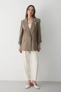 JASTE Women's Khaki Striped Lined Blazer Jacket with Sleeve Detail - Image 2