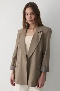 JASTE Women's Khaki Striped Lined Blazer Jacket with Sleeve Detail - Image 3