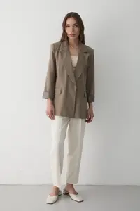 JASTE Women's Khaki Striped Lined Blazer Jacket with Sleeve Detail - Image 4