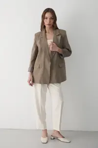 JASTE Women's Khaki Striped Lined Blazer Jacket with Sleeve Detail - Image 6