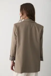 JASTE Women's Khaki Striped Lined Blazer Jacket with Sleeve Detail - Image 7