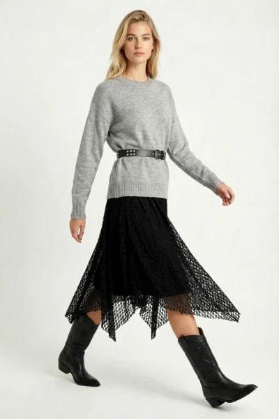 Lovelyİstanbul Lace Detailed Asymmetric Midi Skirt  Black