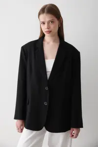 JASTE Women Black Button Detailed Oversized Blazer Jacket