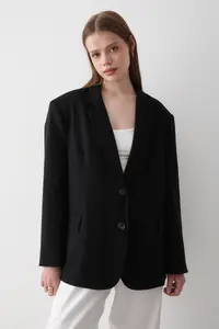 JASTE Women Black Button Detailed Oversized Blazer Jacket - Image 2