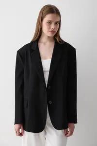 JASTE Women Black Button Detailed Oversized Blazer Jacket - Image 3