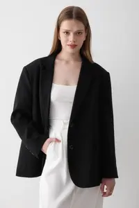 JASTE Women Black Button Detailed Oversized Blazer Jacket - Image 5