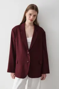 JASTE Women's Burgundy Double Breasted Belt Detailed Oversize Blazer Jacket