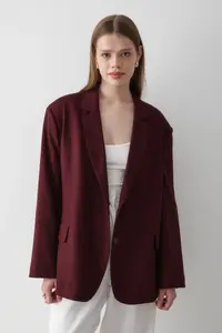 JASTE Women's Burgundy Double Breasted Belt Detailed Oversize Blazer Jacket - Image 2