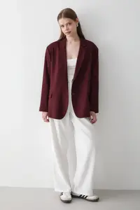 JASTE Women's Burgundy Double Breasted Belt Detailed Oversize Blazer Jacket - Image 3