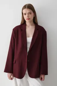 JASTE Women's Burgundy Double Breasted Belt Detailed Oversize Blazer Jacket - Image 4