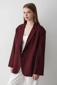 JASTE Women's Burgundy Double Breasted Belt Detailed Oversize Blazer Jacket - Image 5