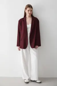 JASTE Women's Burgundy Double Breasted Belt Detailed Oversize Blazer Jacket - Image 6