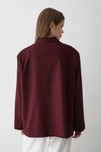 JASTE Women's Burgundy Double Breasted Belt Detailed Oversize Blazer Jacket - Image 7