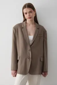 JASTE Women Khaki Button Detailed Oversized Blazer Jacket