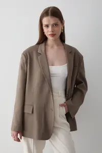 JASTE Women Khaki Button Detailed Oversized Blazer Jacket - Image 3