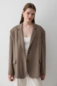 JASTE Women Khaki Button Detailed Oversized Blazer Jacket - Image 4