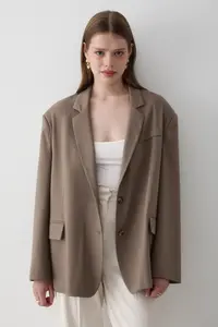 JASTE Women Khaki Button Detailed Oversized Blazer Jacket - Image 5