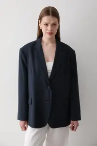 JASTE Women Navy Blue Button Detailed Oversized Blazer Jacket