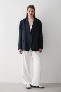 JASTE Women Navy Blue Button Detailed Oversized Blazer Jacket - Image 2