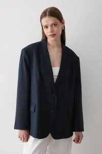 JASTE Women Navy Blue Button Detailed Oversized Blazer Jacket - Image 3