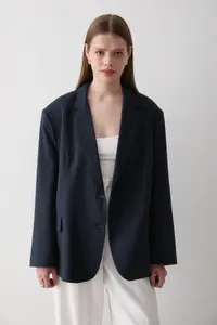 JASTE Women Navy Blue Button Detailed Oversized Blazer Jacket - Image 4