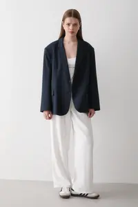 JASTE Women Navy Blue Button Detailed Oversized Blazer Jacket - Image 5