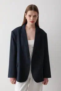 JASTE Women Navy Blue Button Detailed Oversized Blazer Jacket - Image 6