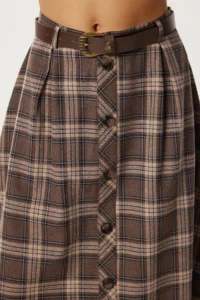 Lovelyİstanbul Belted Checkered Midi Polyviscon Skirt  BROWN - Image 3