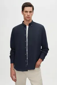 D'S Damat Ds Damat Regular Fit Navy Blue Plain Winter Flannel Shirt - Image 2