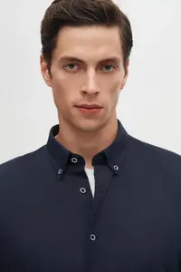 D'S Damat Ds Damat Regular Fit Navy Blue Plain Winter Flannel Shirt - Image 3