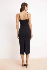 TRENDYOLMİLLA Black Pearl Detailed Weaving Midi Elegant/Evening Dress - Image 4