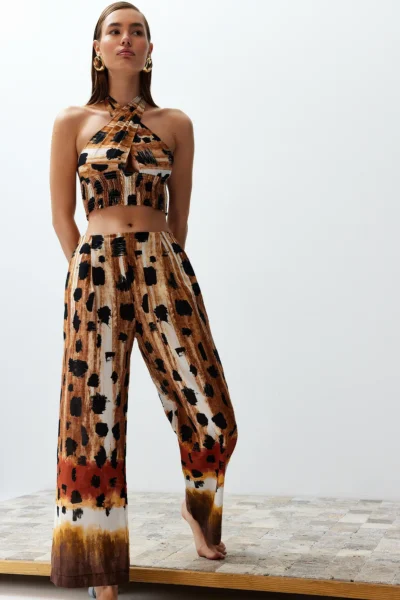 TRENDYOLMiLLA Abstract Patterned Weaving 100% Cotton Blouse Pants Beach Set