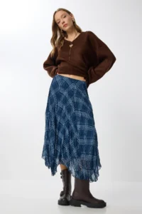Lovelyİstanbul Patterned Wrinkle Effect Midi Chiffon Skirt  DARK BLUE - Image 3