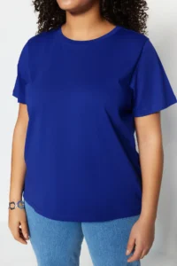 Trendyol Curve Saks Blue Regular Fit Basic Crew Neck 100% Cotton Knitting Plus Size T-Shirt - Image 3