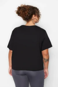 Trendyol Curve Black Crew Neck Stitching Detailed 100% Cotton Knitting Crop T-Shirt - Image 5