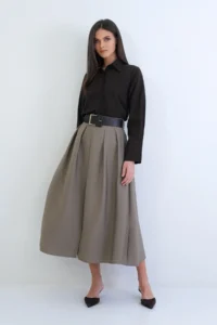 Trend Alaçatı Stili Women's Khaki Thick Belted Zipper Slit Detailed Pleated Midi Length Taffeta Skirt Alc-X15258 - Image 3