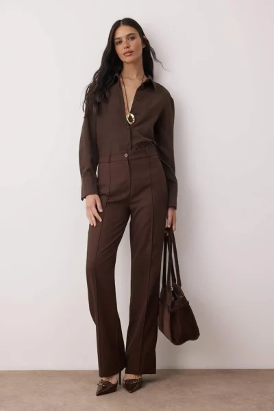 TRENDYOLMİLLA Dark Brown Straight/Plain Cut High Waist Ribbed Stitched Weaving Pants