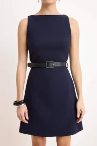 TRENDYOLMİLLA Wardrope Essentials Navy Blue Arched A Cut Mini Flexible Weaving Dress - Image 3
