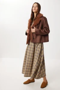 Lovelyİstanbul Checkered pleated flared Weaving Skirt  Beige Blue - Image 3