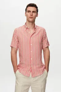 D'S Damat Ds Damat Slim Fit Red Seersucker Striped Short Sleeve Summer Shirt